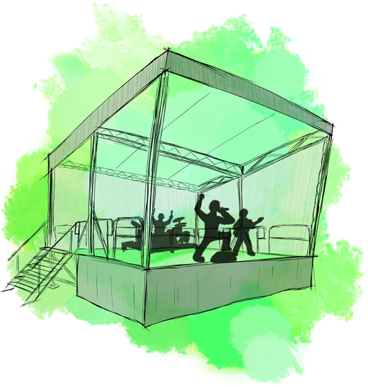 Illustration einer überdachten und erhöhten Bühne mit Treppe an der linken Seite. Mehrere Musiker-Silhouetten sind in verschiedenen Posen zu sehen, darunter ein Sänger mit Mikrofon. Der Hintergrund ist in grünem Aquarell gestaltet.