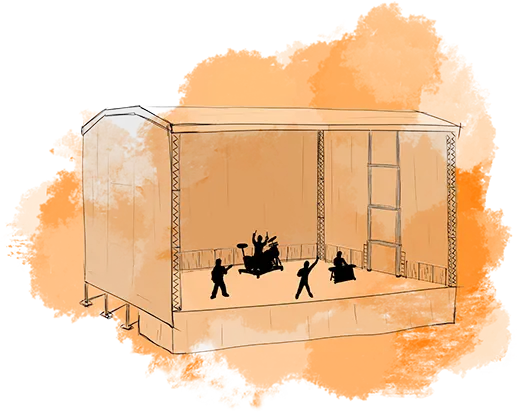 Illustration einer überdachten Bühne mit vier Musiker-Silhouetten: Ein Gitarrist link, ein Schlagzeuger in der Mitte, ein Keyboarder rechts und ein Sänger mit Mikrofon. Der Hintergrund ist in orangenem Aquarell gestaltet.