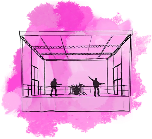Illustration einer überdachten Bühne mit drei Musiker-Silhouetten: ein Gitarrist links, ein Schlagzeuger in der Mitte und ein Performer mit ausgestrecktem Arm rechts. Der Hintergrund ist in violettem Aquarellstil gestaltet.