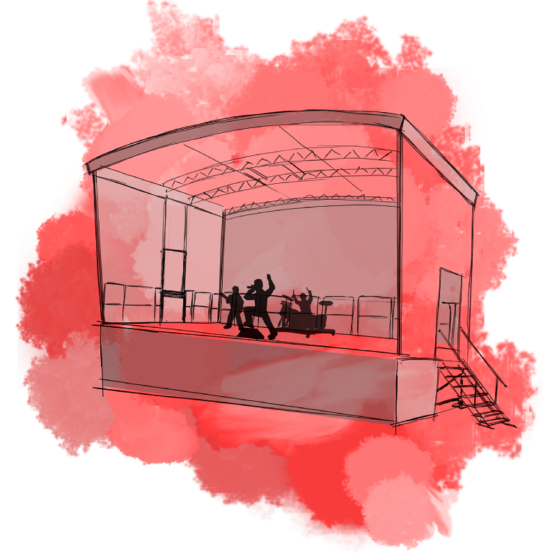Illustration einer überdachten Bühne mit drei Musiker-Silhouetten: Ein Gitarrist link, ein Schlagzeuger in der Mitte und ein Sänger mit Mikrofon. Der Hintergrund ist in rotem Aquarell gestaltet.